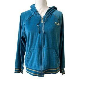 Fila Sport Womens Size XL Teal Zip-Up Hoodie With Pockets & Striped Trim